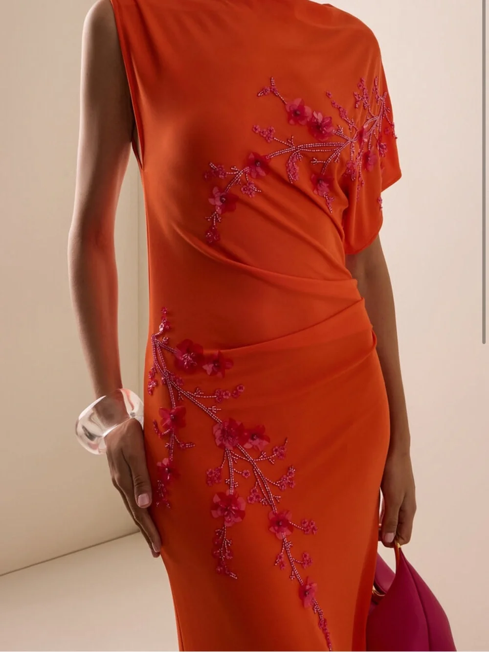 Orange Maxi Dress with Pink Floral Embroidery